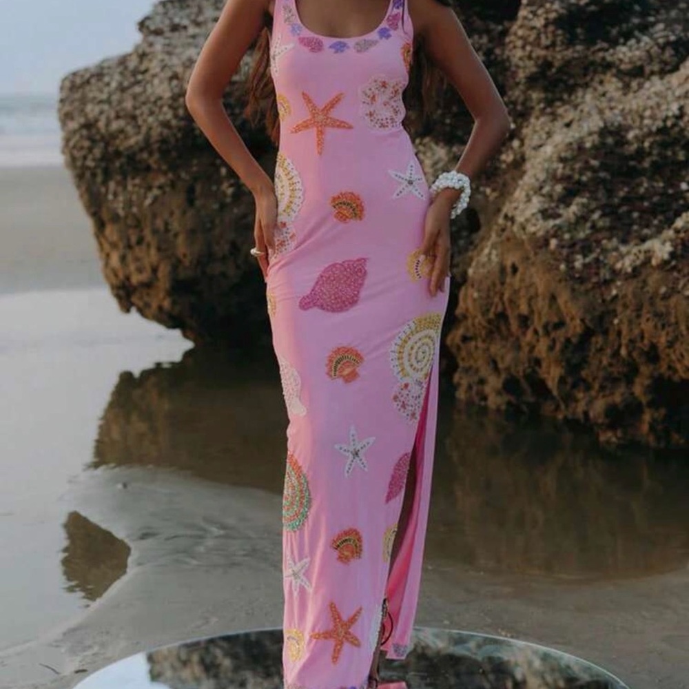 Pink Maxi Dress with Seashell Print